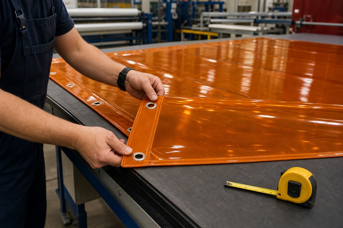 factory quality check of custom welding curtain panel with grommets and reinforced edge