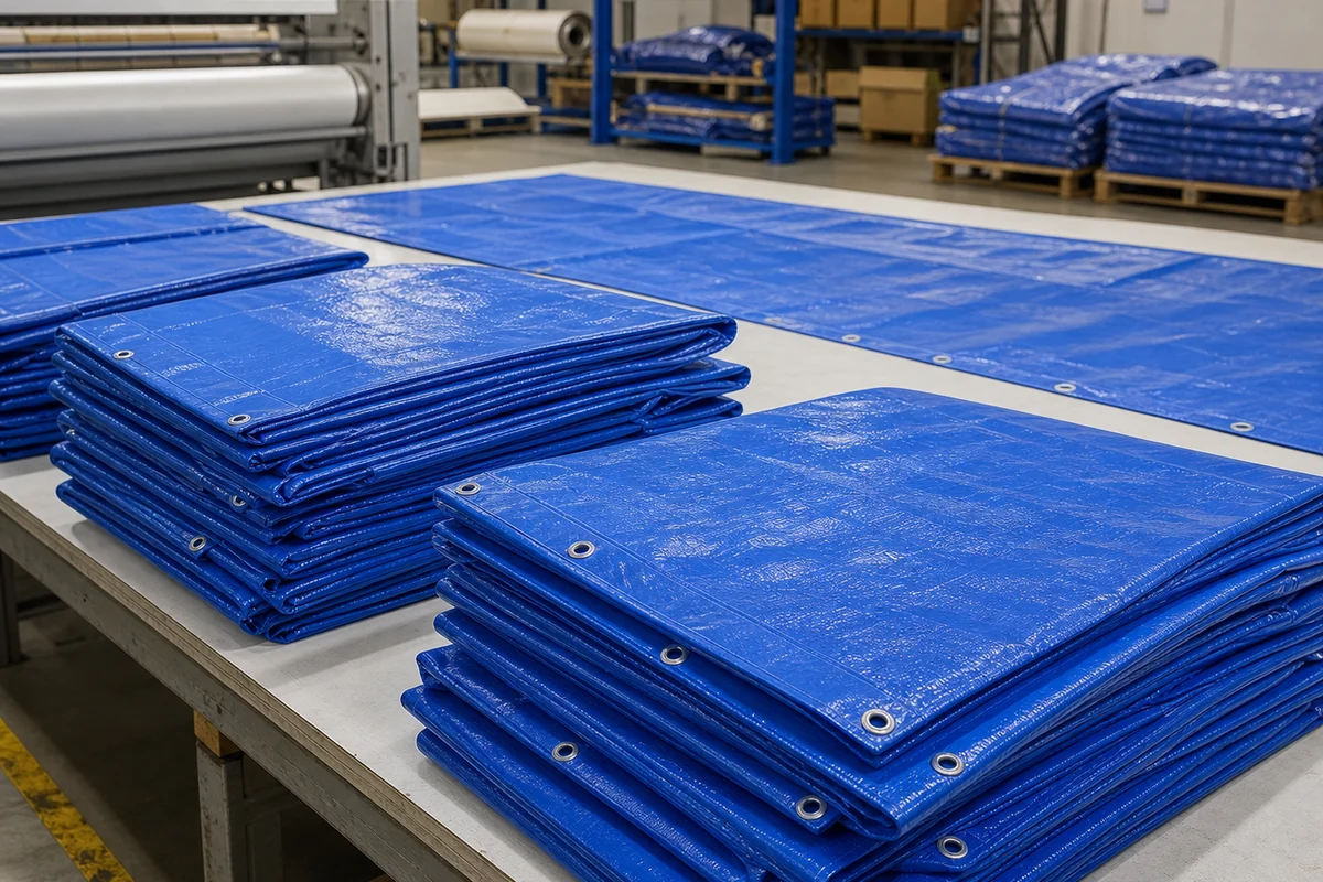 factory preparation of reinforced emergency roof tarp panels for contractor stock