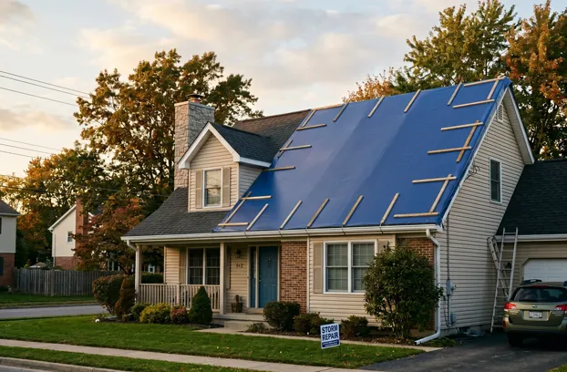 Residential Roof Protected by Blue PVC Tarp-