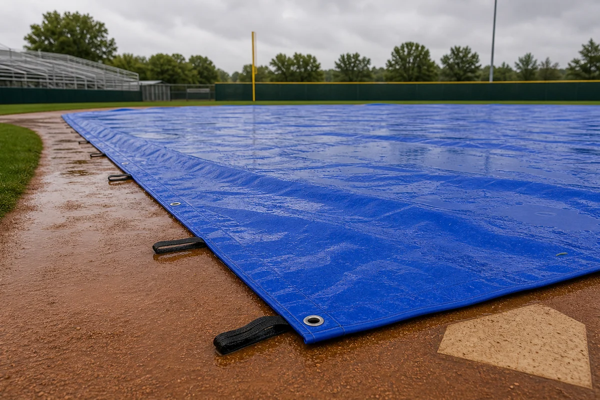 baseball field cover protecting wet clay infield near home plate