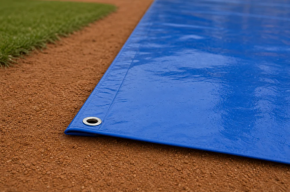 reinforced PVC sports field tarp material with seam and grommet detail