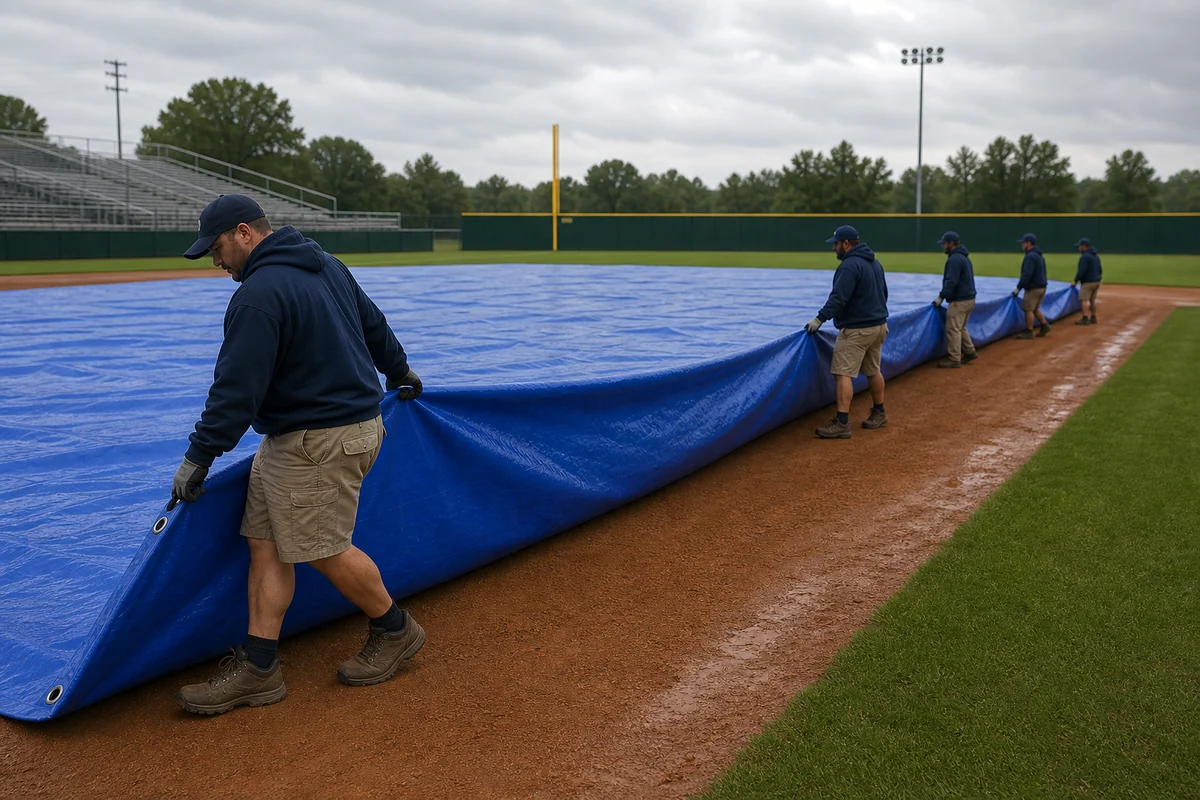 grounds crew pulling baseball infield cover across clay base paths