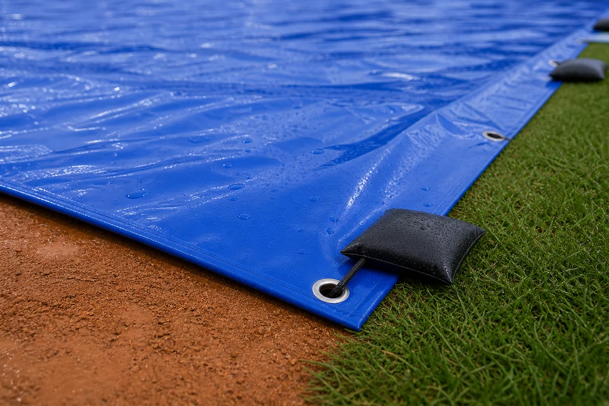 reinforced baseball field cover edge secured along clay and turf boundary