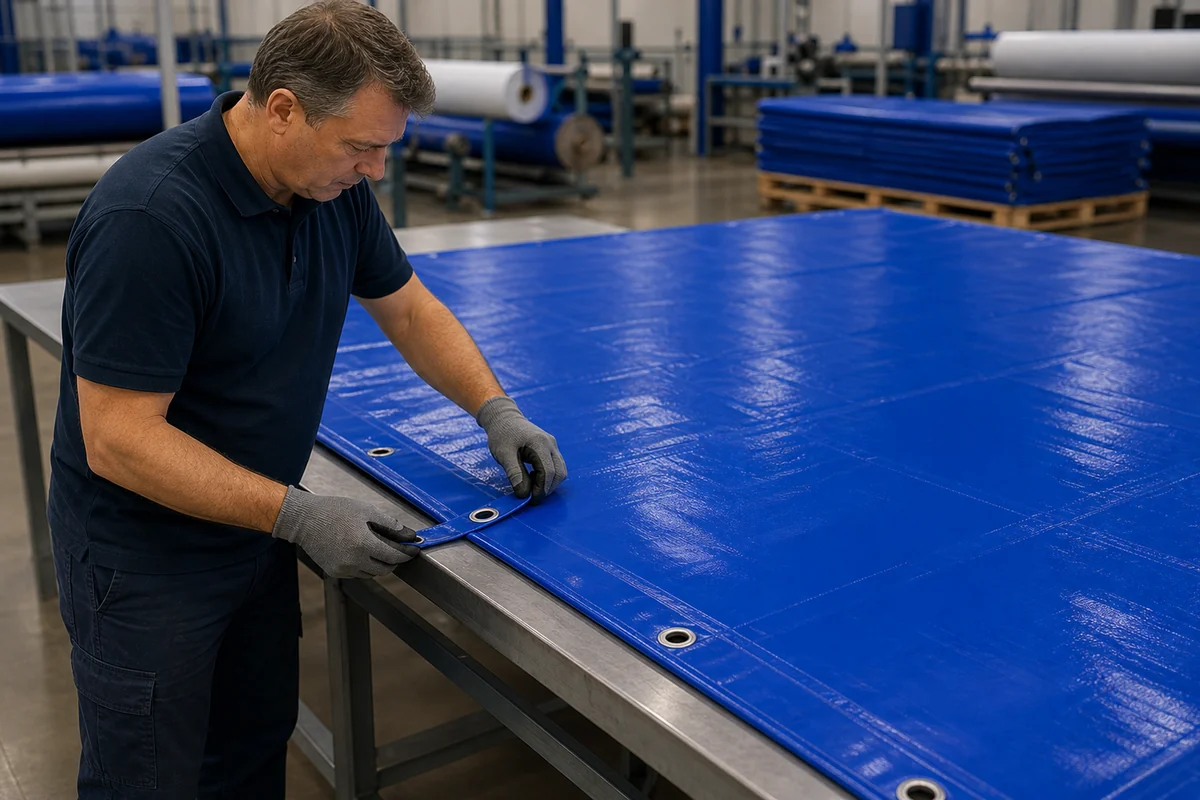 factory inspection of sports field tarp seams and reinforced edges