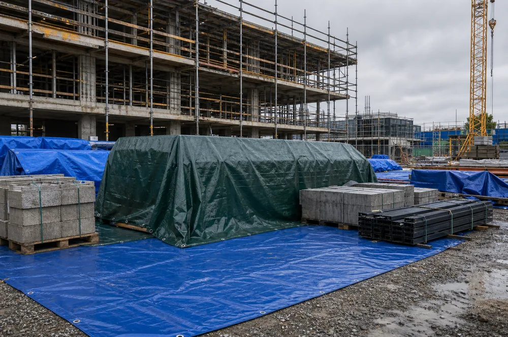 Construction tarps protecting materials on a commercial jobsite