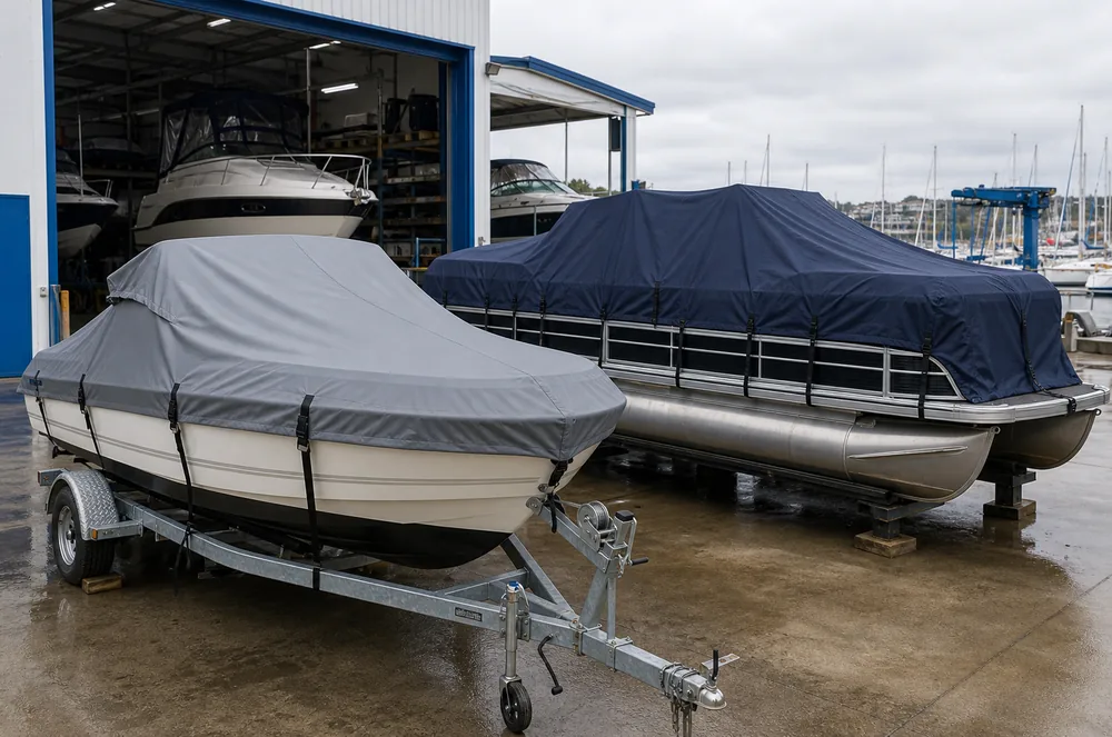 custom boat covers fitted over different boat types in a marina service yard