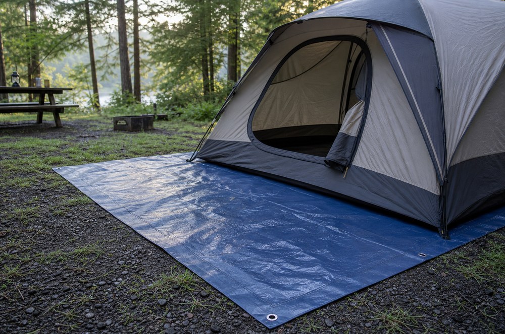 waterproof ground tarp under a tent footprint at a commercial campsite
