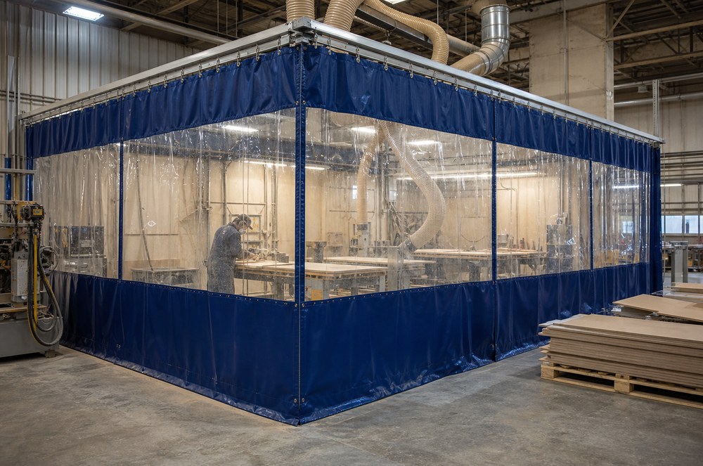 blue PVC dust control curtain enclosure around a dusty industrial work area