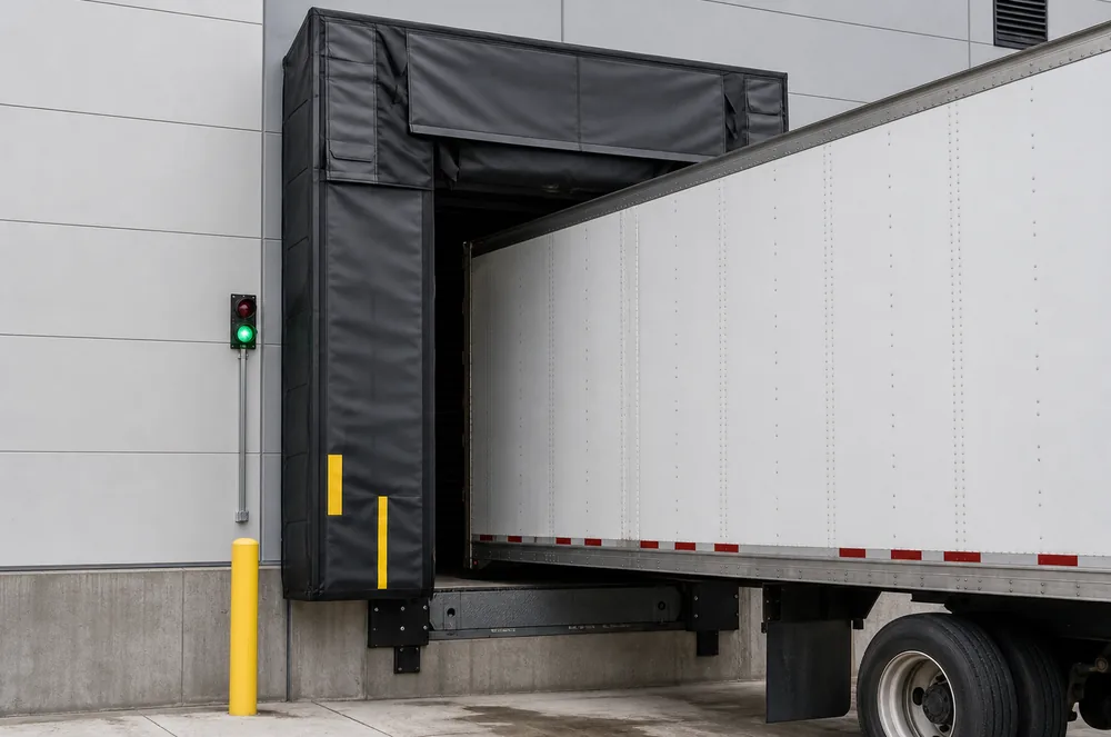Loading dock seal around a truck trailer at an industrial warehouse door