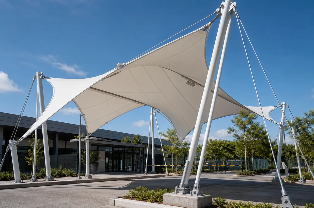 modern tensile membrane structure with white fabric canopy steel masts and tension cables