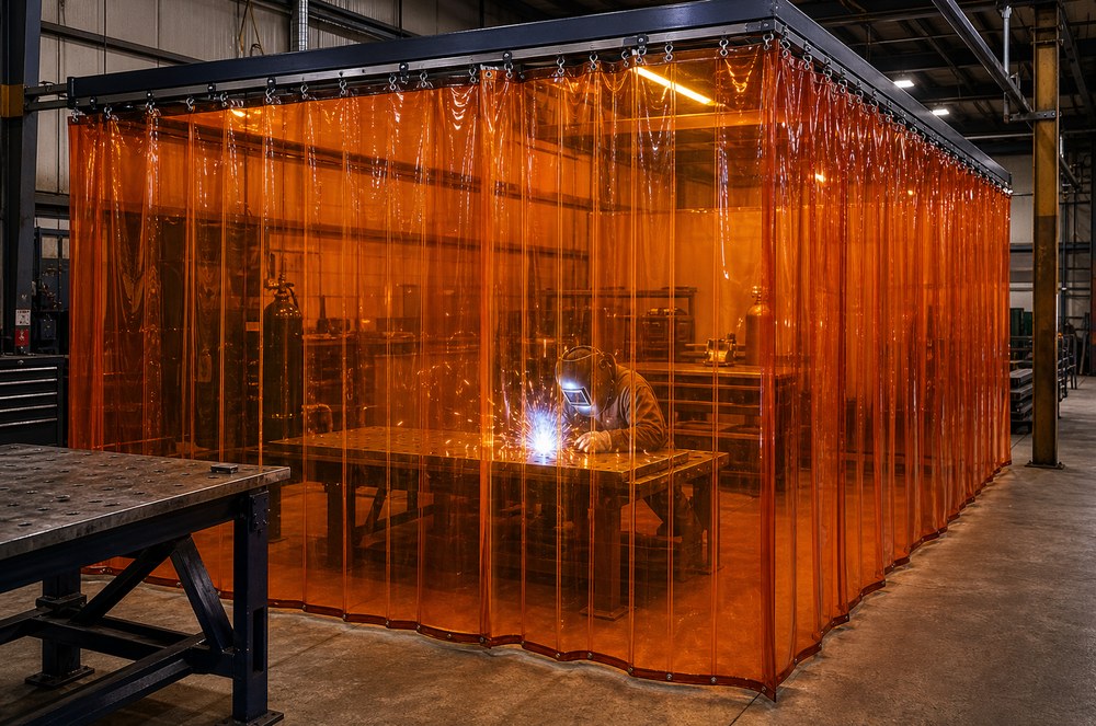 industrial welding curtain system enclosing a fabrication workspace