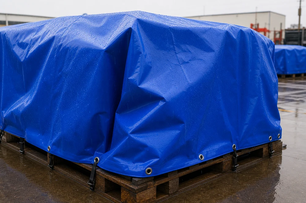 waterproof tarp protecting palletized goods and outdoor equipment in rain