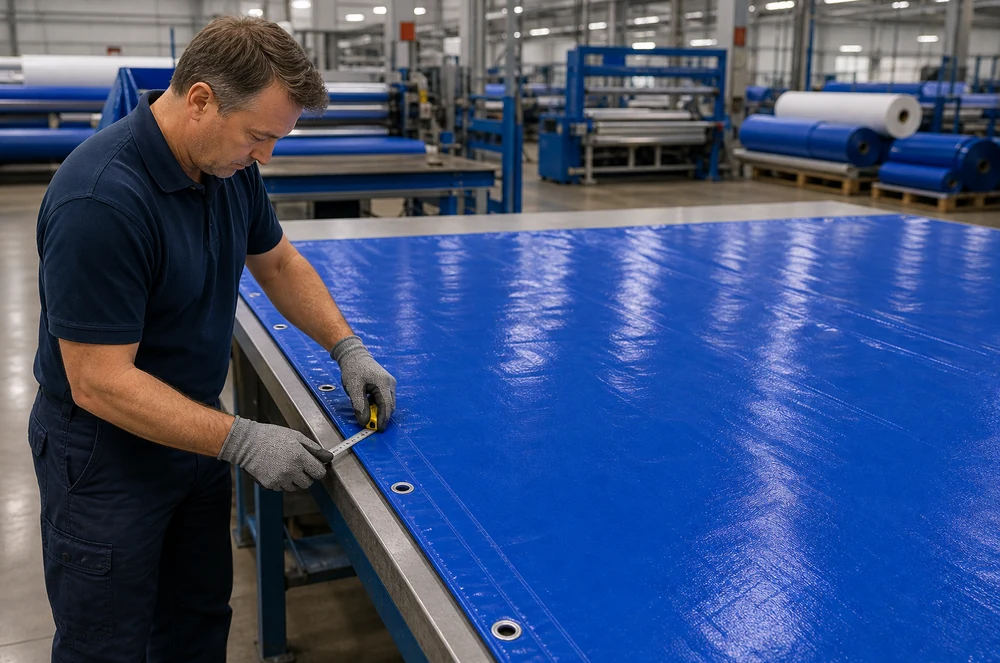 factory QC measuring waterproof tarp seams and grommet spacing