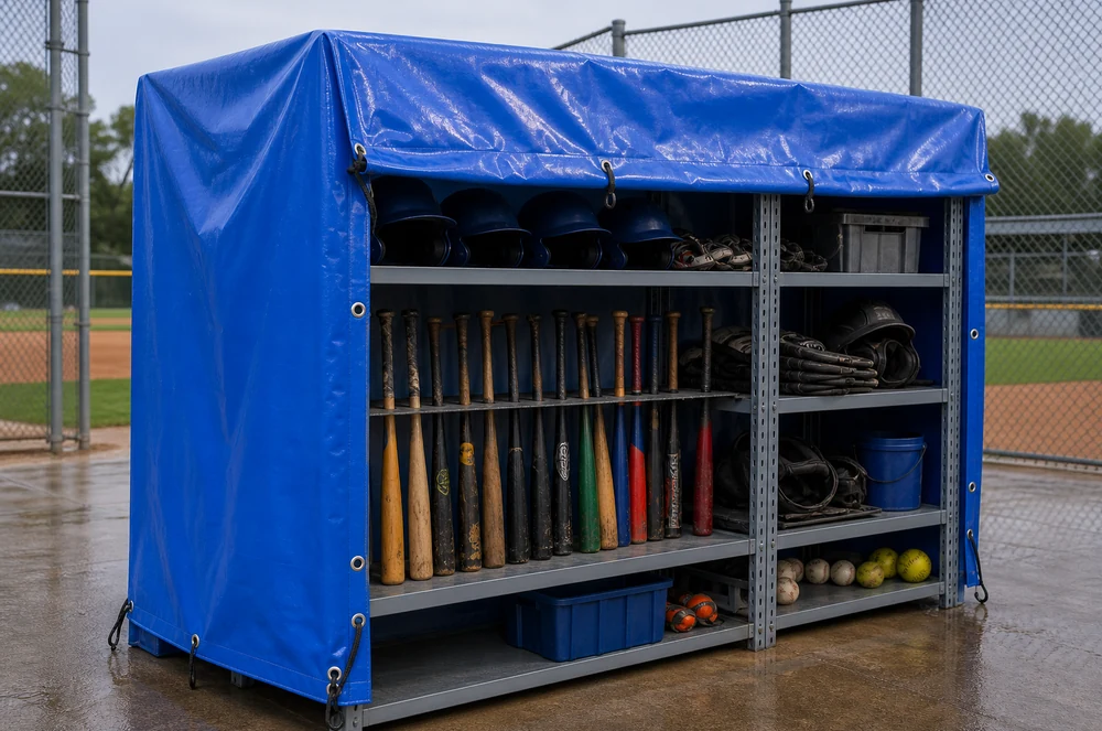 baseball equipment stored outdoors under a smooth PVC protective cover