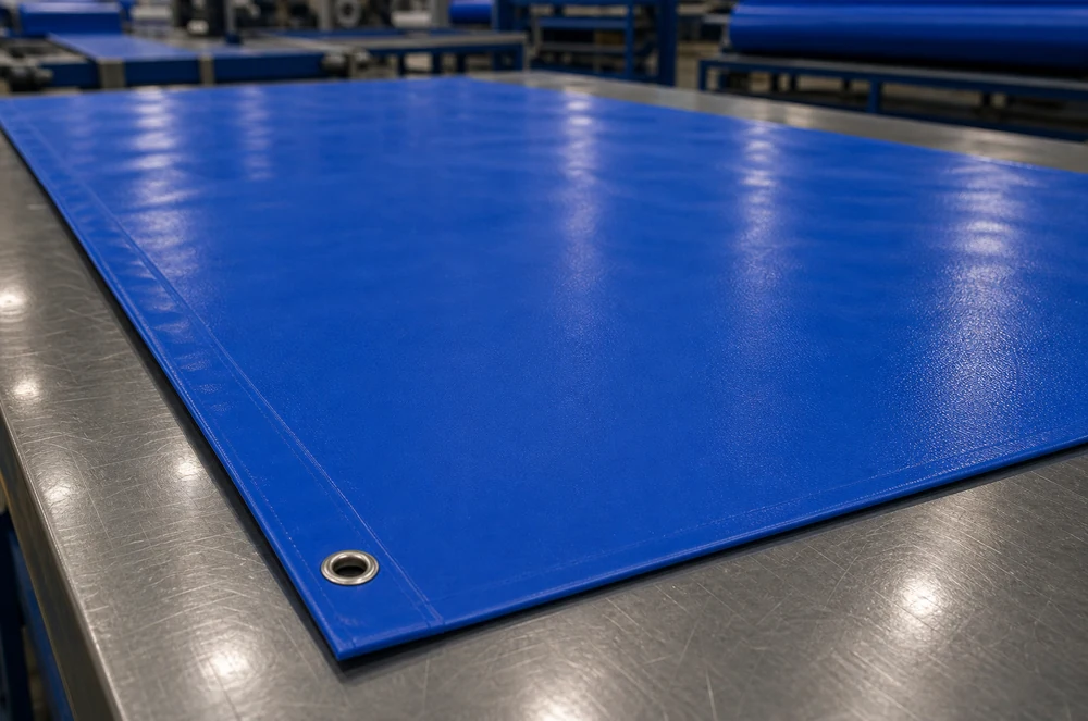 smooth PVC tarpaulin material with thin edge and grommet for sports facility cover production