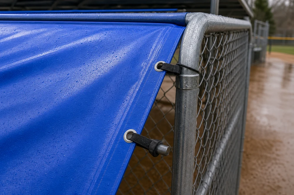 reinforced smooth PVC tarp edge with eyelets for baseball facility cover installation