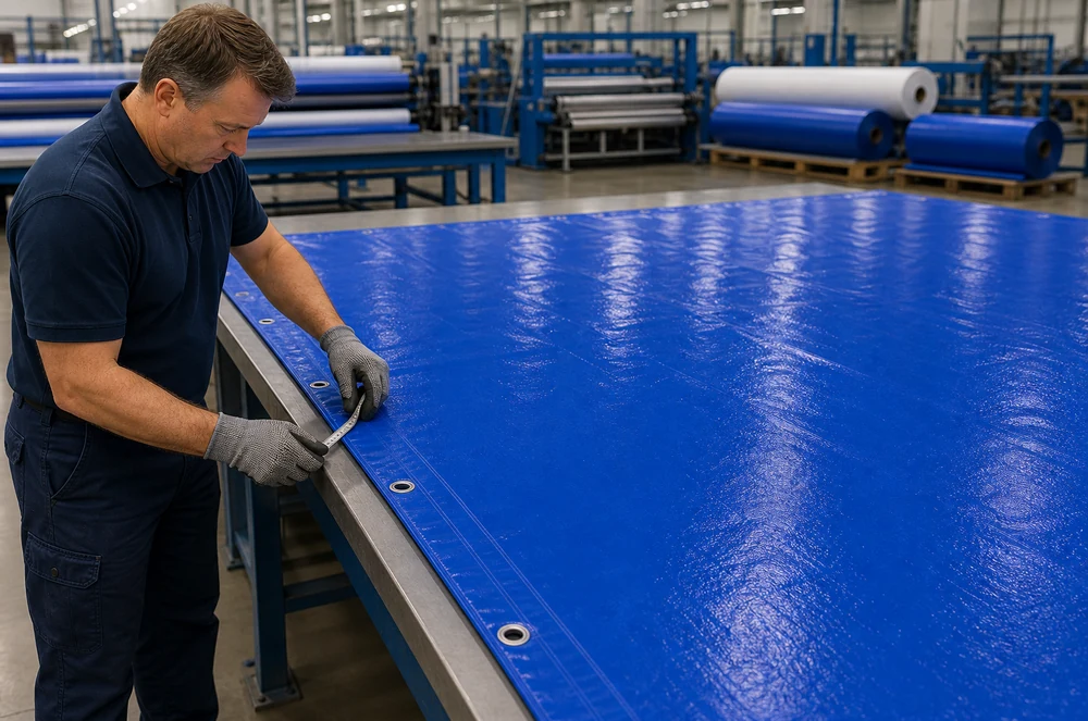 factory quality control inspection of custom baseball facility tarp cover seams and grommets