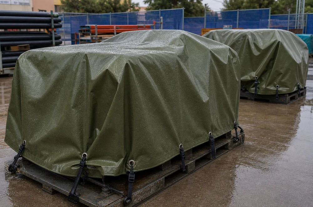 industrial strength tarp covering equipment in an outdoor work yard
