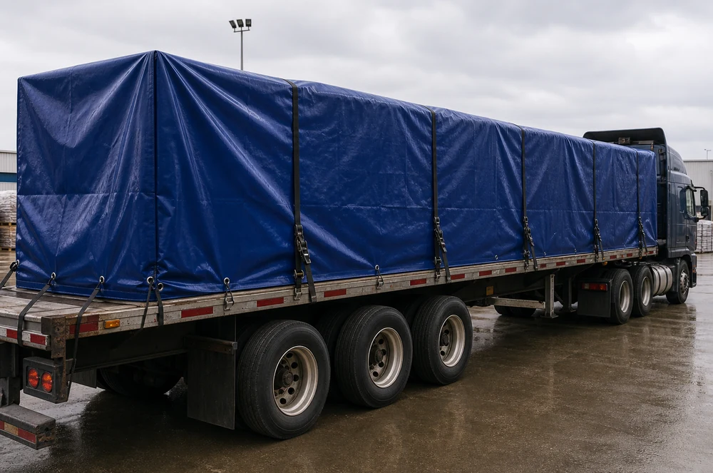 PVC coated transport tarp secured over cargo for logistics use