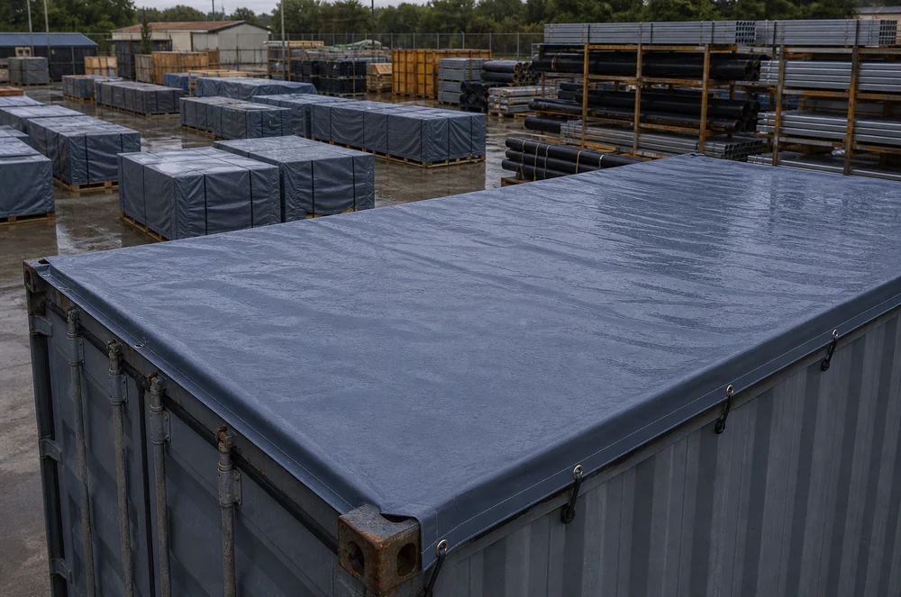 industrial tarp used as a container and outdoor storage cover after rain