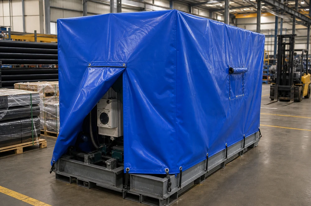 industrial vinyl tarp protecting factory materials and machinery