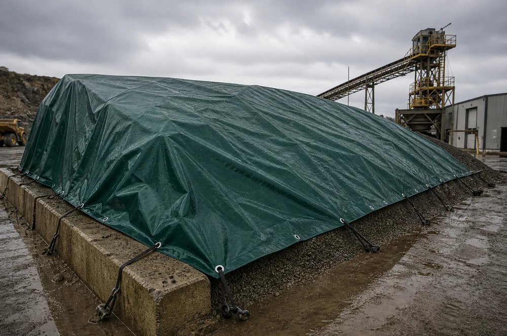 industrial tarp protecting bulk materials at an outdoor agriculture or mining site
