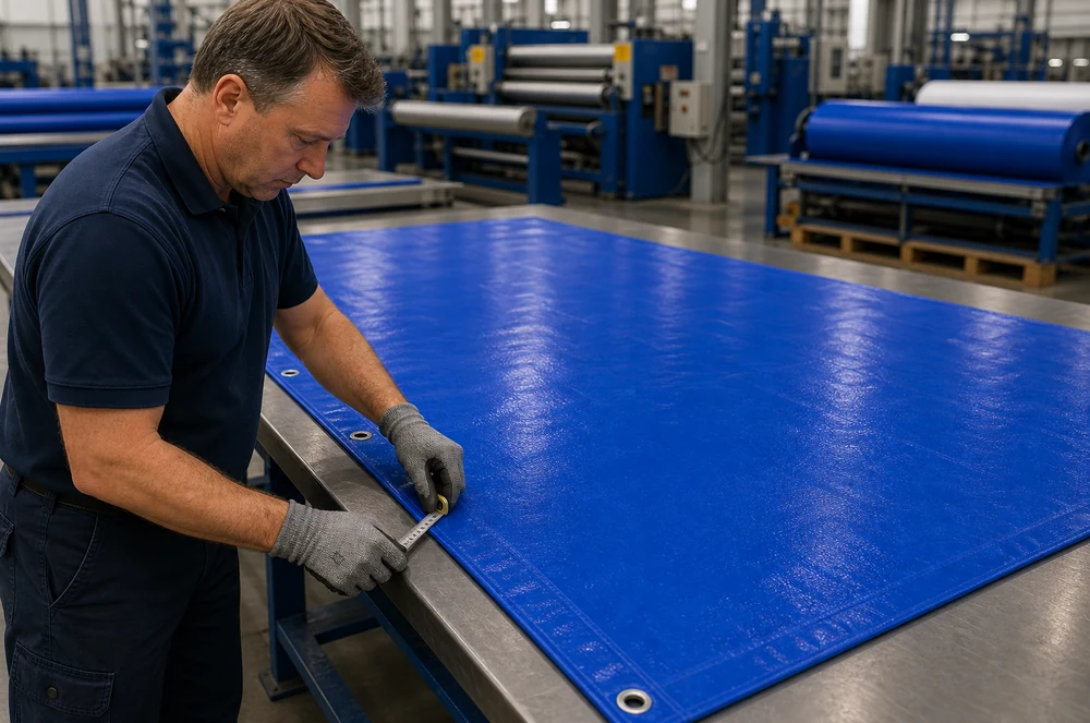 factory inspection of smooth PVC industrial tarp material and reinforced edge