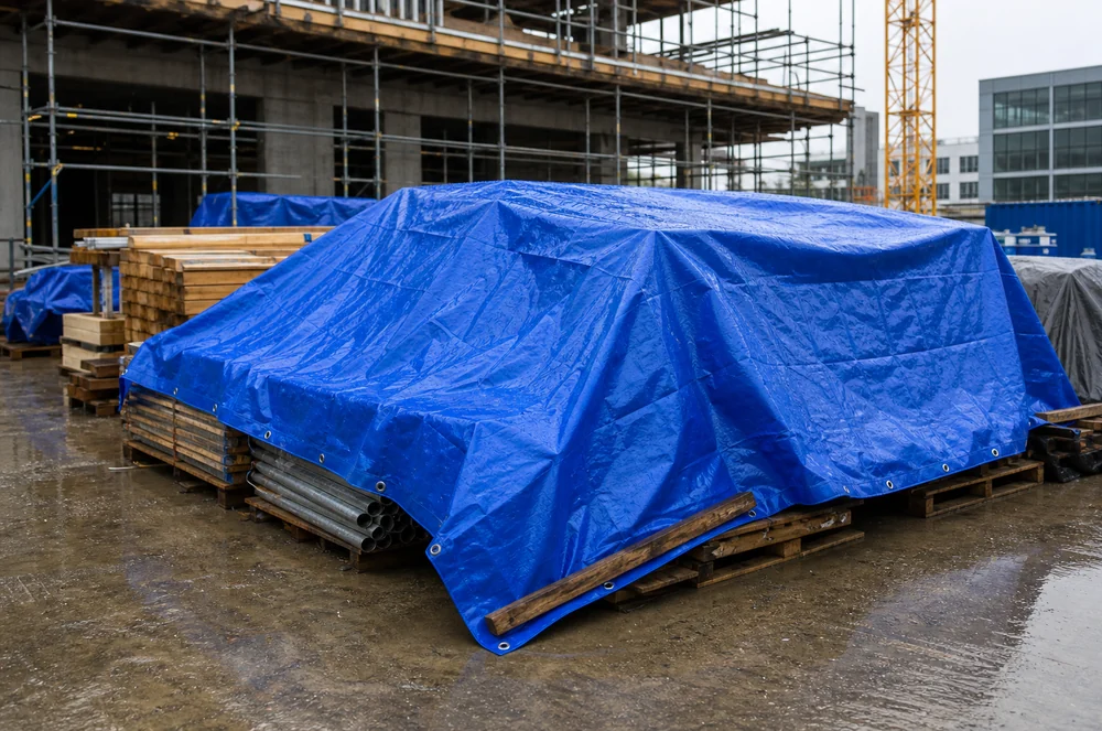 Blue PVC construction tarp covering building materials on a wet jobsite