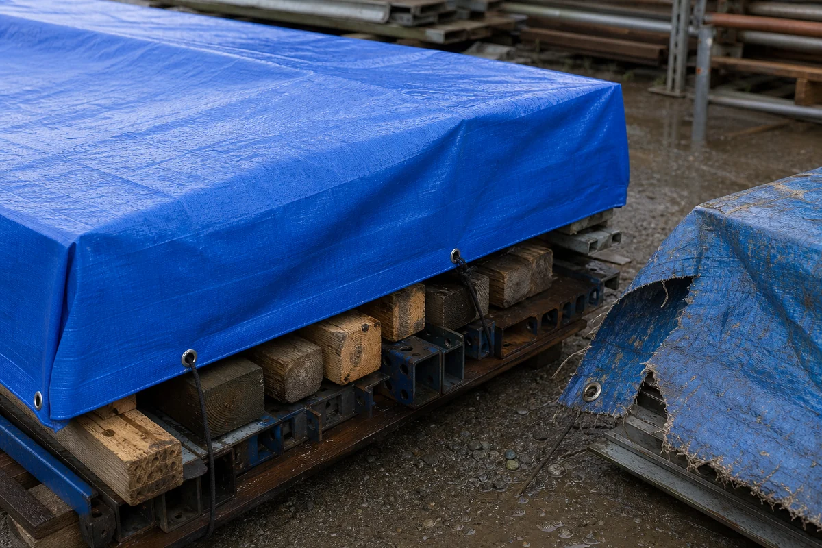 construction tarpaulin showing jobsite wear points on rough stored materials