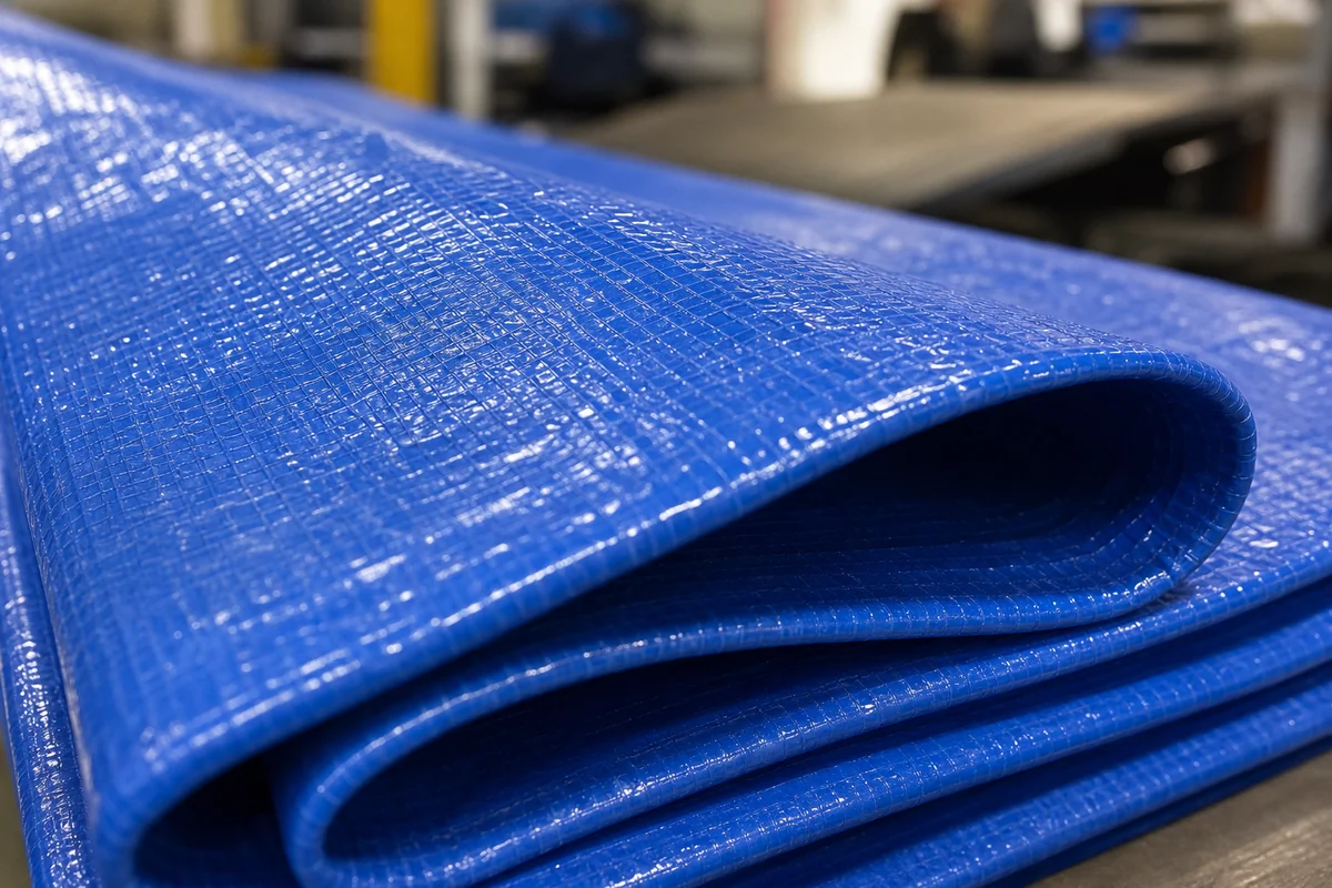 close-up of reinforced PVC coated construction tarpaulin fabric texture