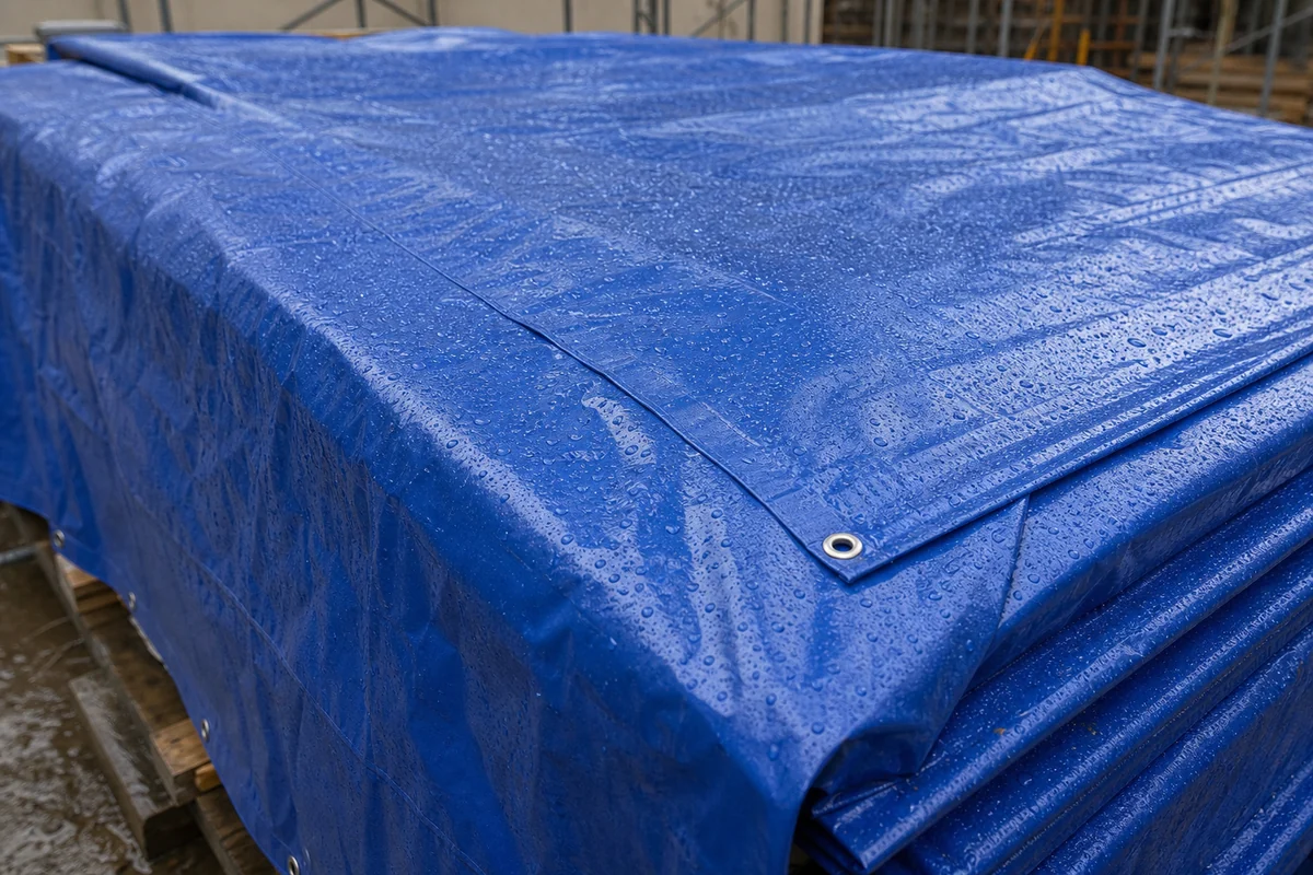waterproof PVC construction tarpaulin surface with rain droplets and welded seam
