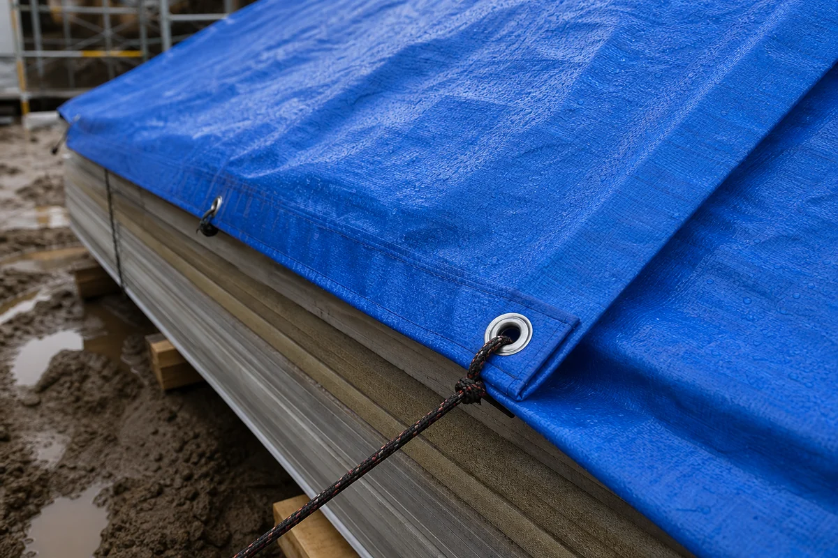 reinforced construction tarp hem with grommets and rope secured on jobsite materials