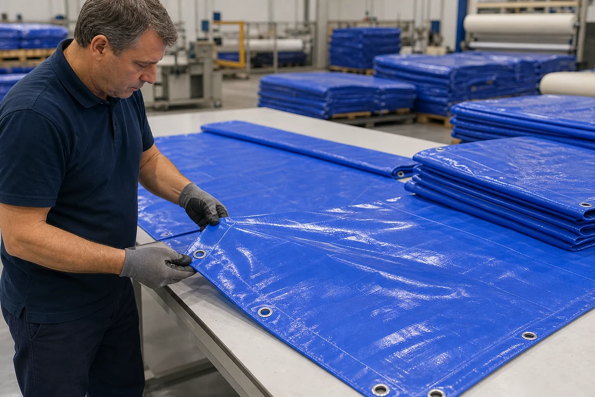 factory inspection of finished construction tarpaulin seams hems and grommets