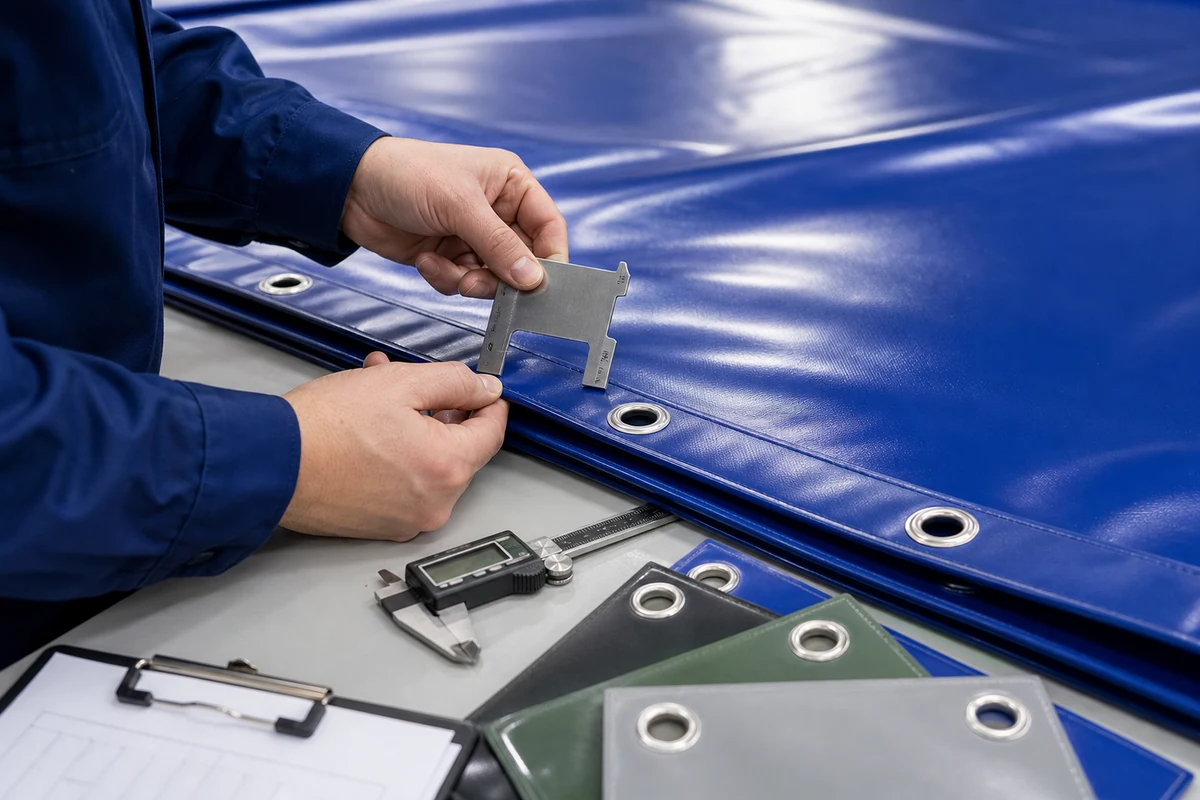 PVC tarp for windy conditions checked at a factory inspection table