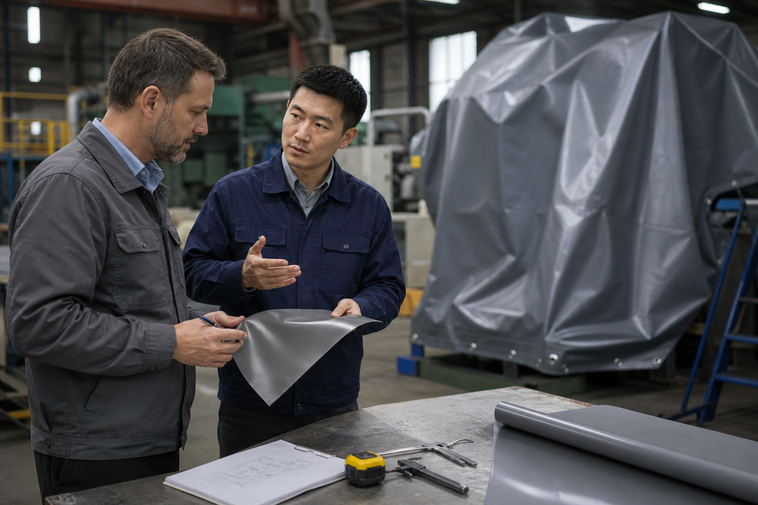 Procurement manager and tarp factory technician reviewing outdoor equipment cover requirements around a large industrial machine.