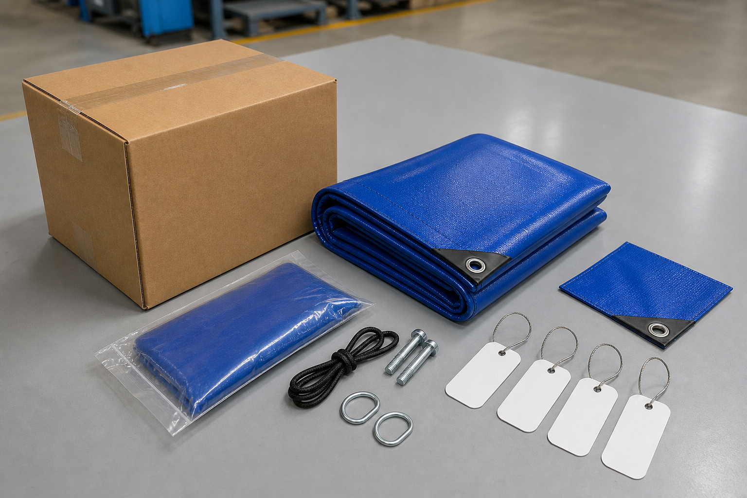 Factory and buyer reviewing a reorder pack with approved tarp sample, signed drawing, hardware map, and inspection notes on a production table.