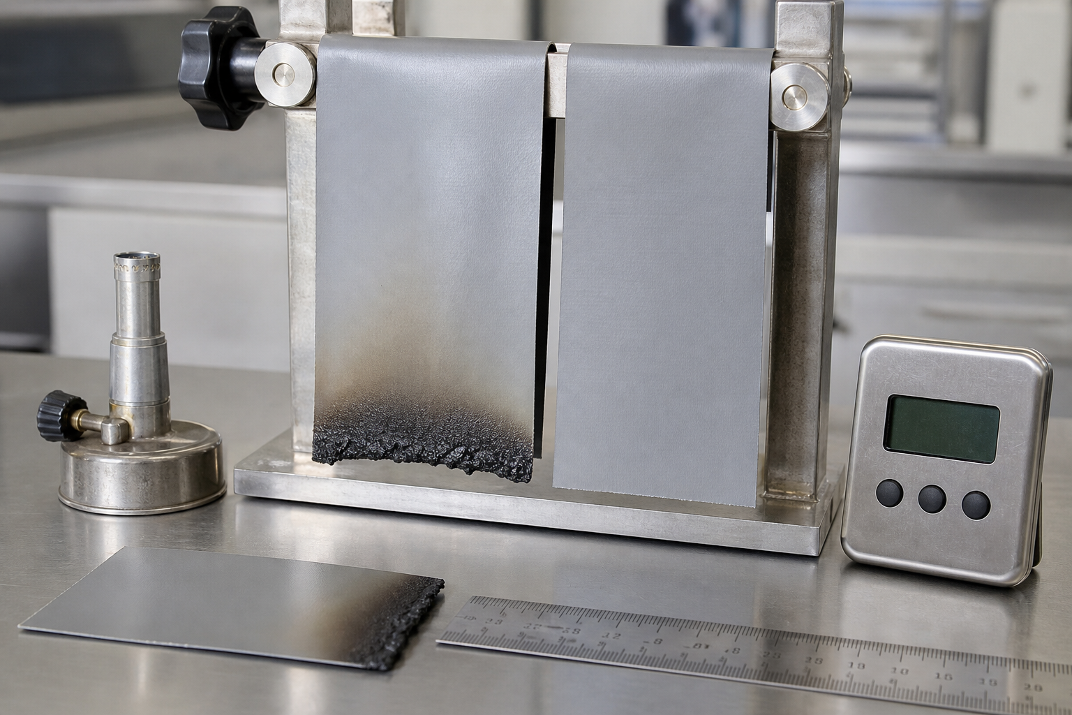 Burn-tested PVC coated tarpaulin sample and untouched control sample in a lab fixture for explaining fire retardant behavior.