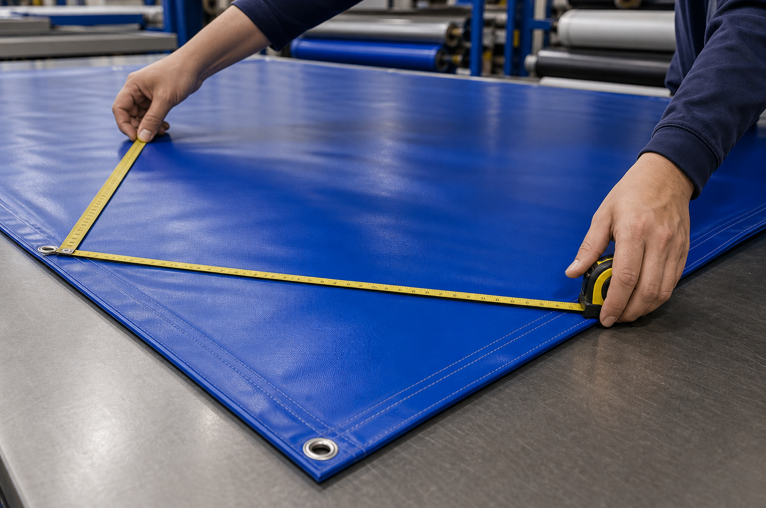 custom tarp measurement drawing showing finished tarp size, tolerance, and installation reference for bulk custom tarps