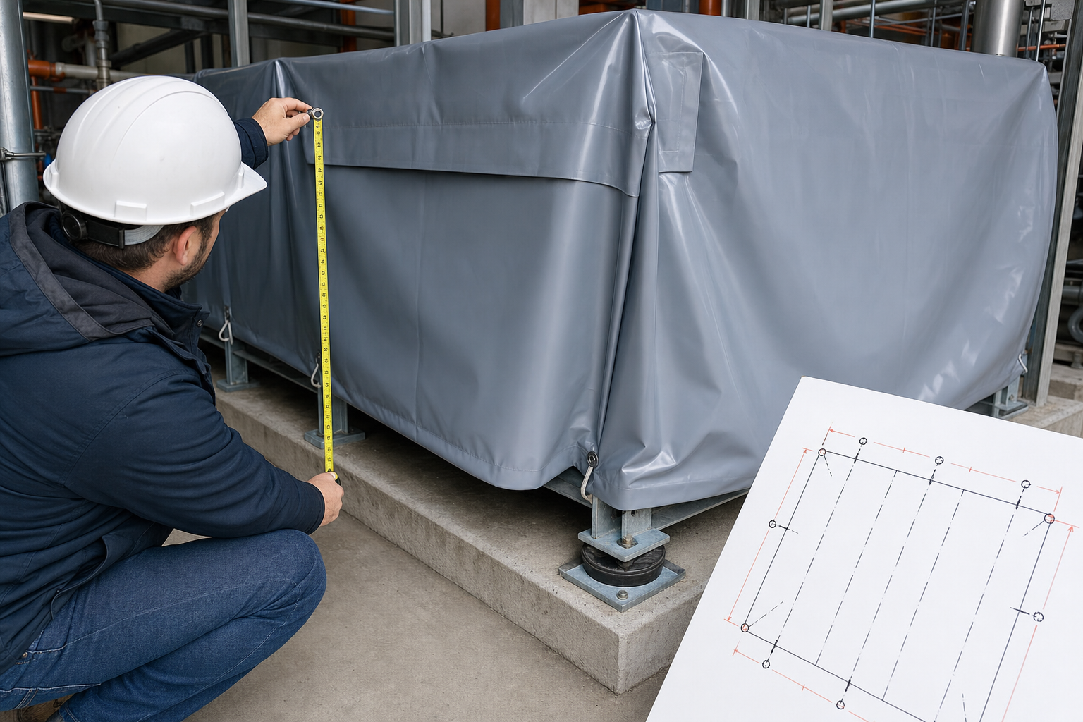 Factory technician measuring an industrial cover on installed equipment, marking drop lengths, corners, and hardware positions on a drawing.