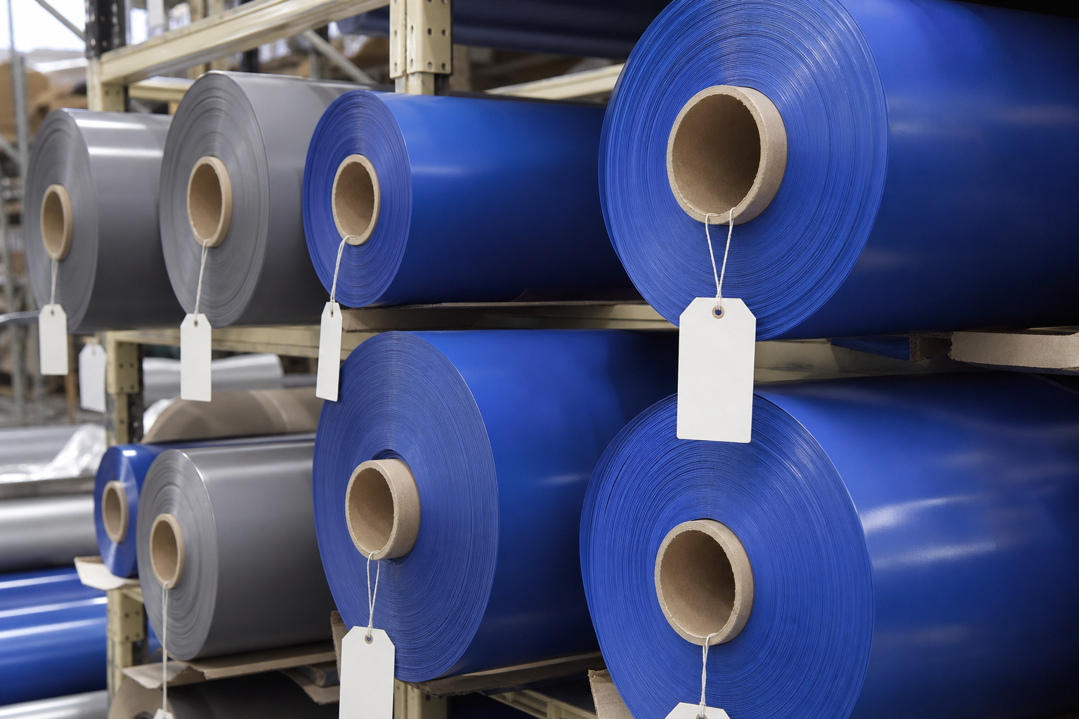 Smooth PVC coated polyester tarp rolls with material code tags and a production sheet showing width, GSM, and fabrication route for a repeat order.