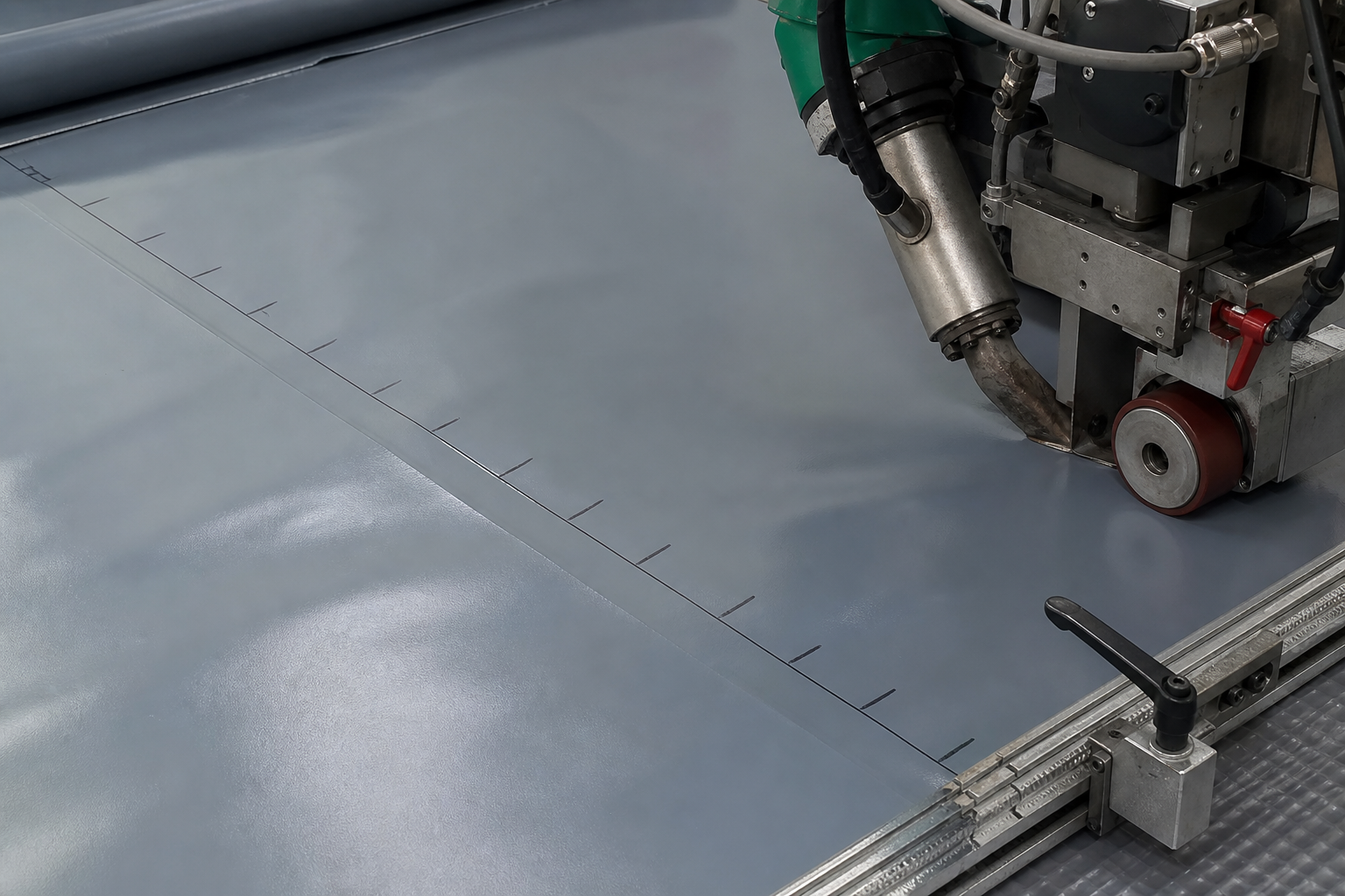 PVC coated tarpaulin seam setup with overlap marks, pressure controls, and clean surfaces on industrial welding equipment.