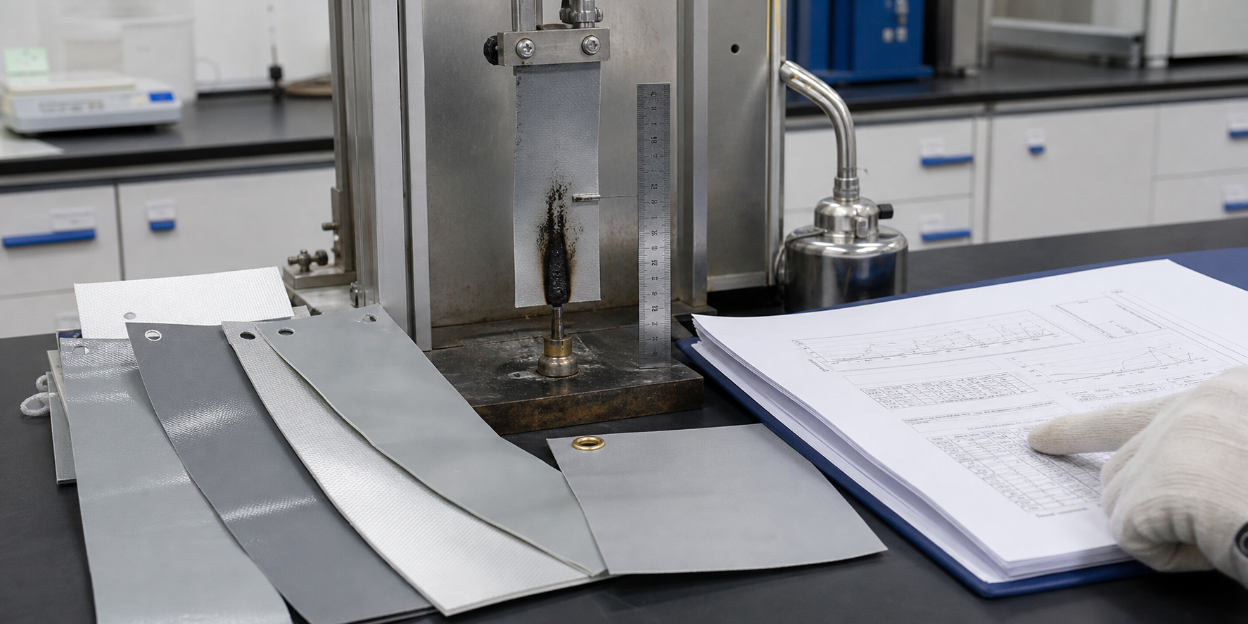 Fire retardant PVC tarp samples, char-length ruler, flame test fixture, and report pages used to confirm standard and test scope.