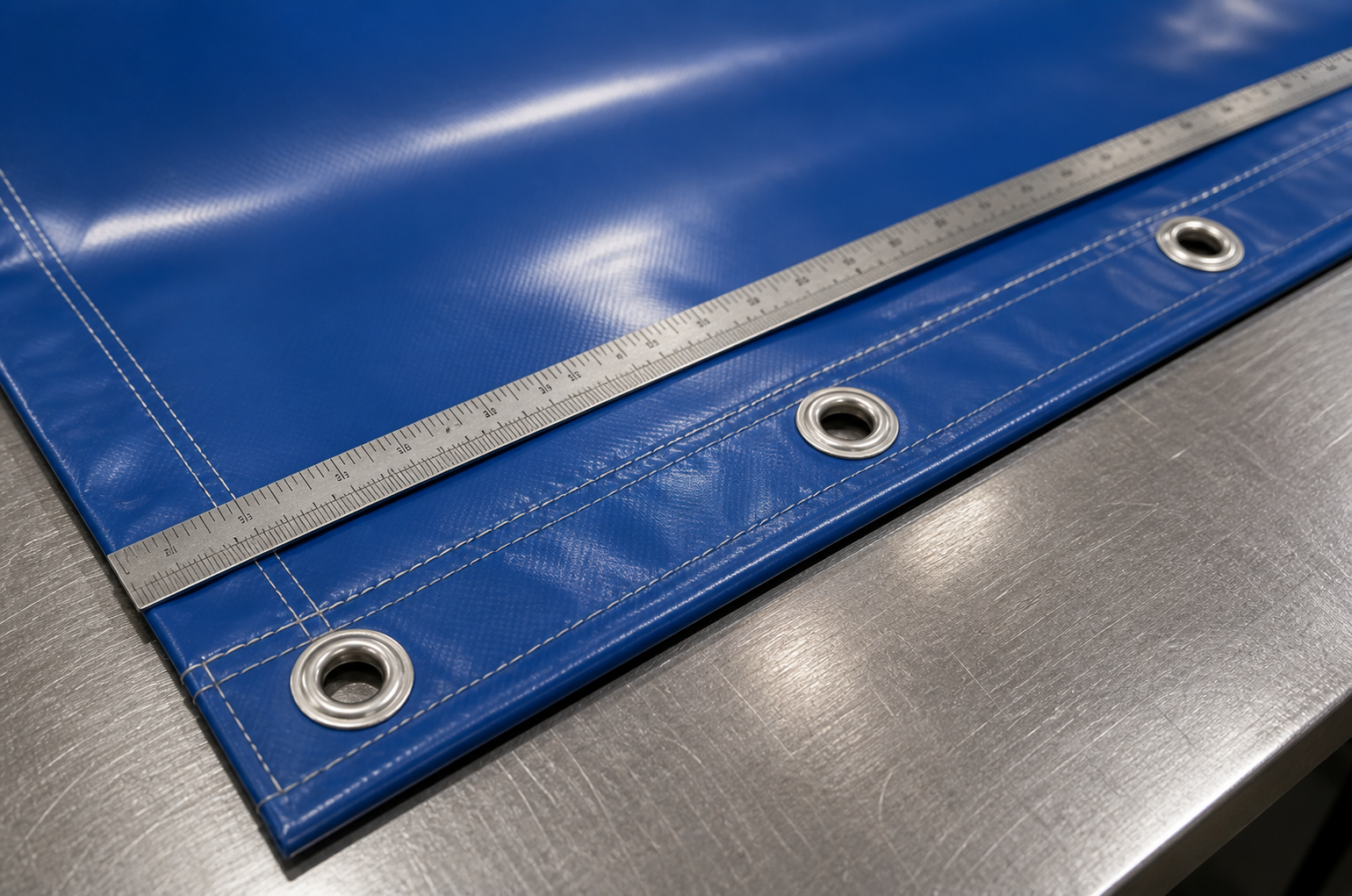 tarp hole spacing drawing with metal eyelet position, edge distance, and grommet spacing marked for production