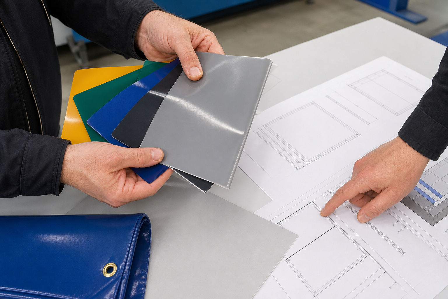 Smooth PVC coated polyester tarpaulin sheets and sample swatches on a factory table, showing seam layout and material selection for industrial custom covers.