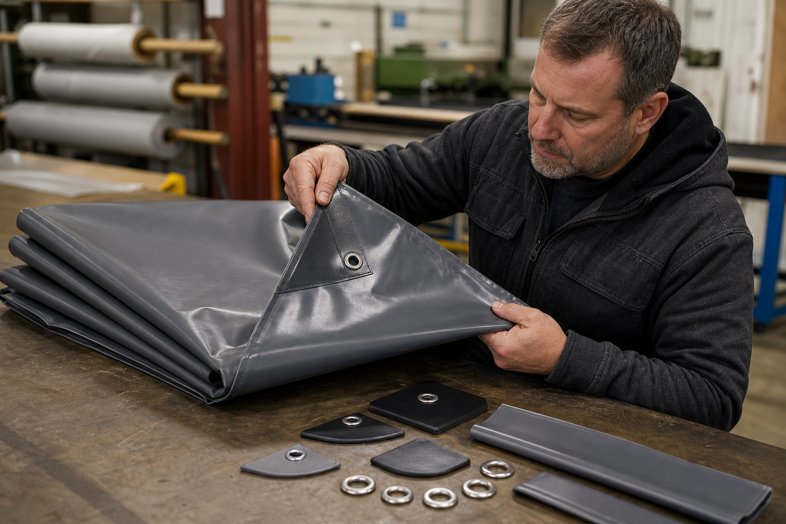 Production engineer checking a custom tarp drawing revision with grommet spacing, reinforced hem details, zipper access, and edge construction notes.