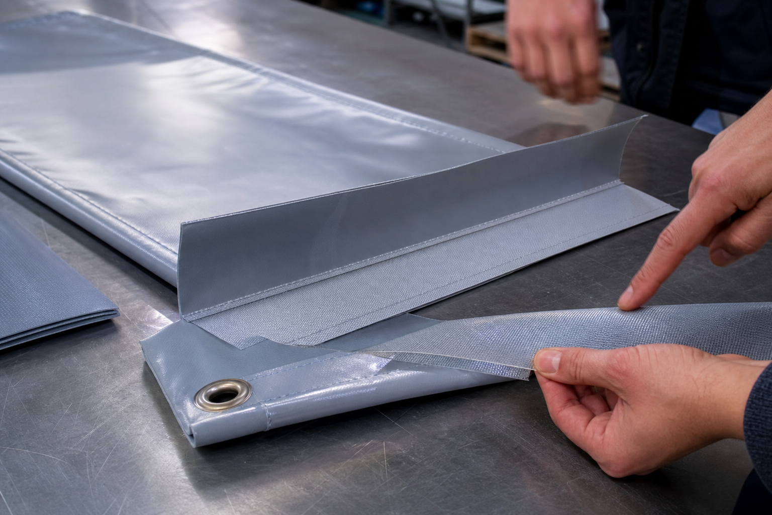 Custom tarp welding sample with reinforced hem, corner seam, overlap marks, and peel-test preparation.
