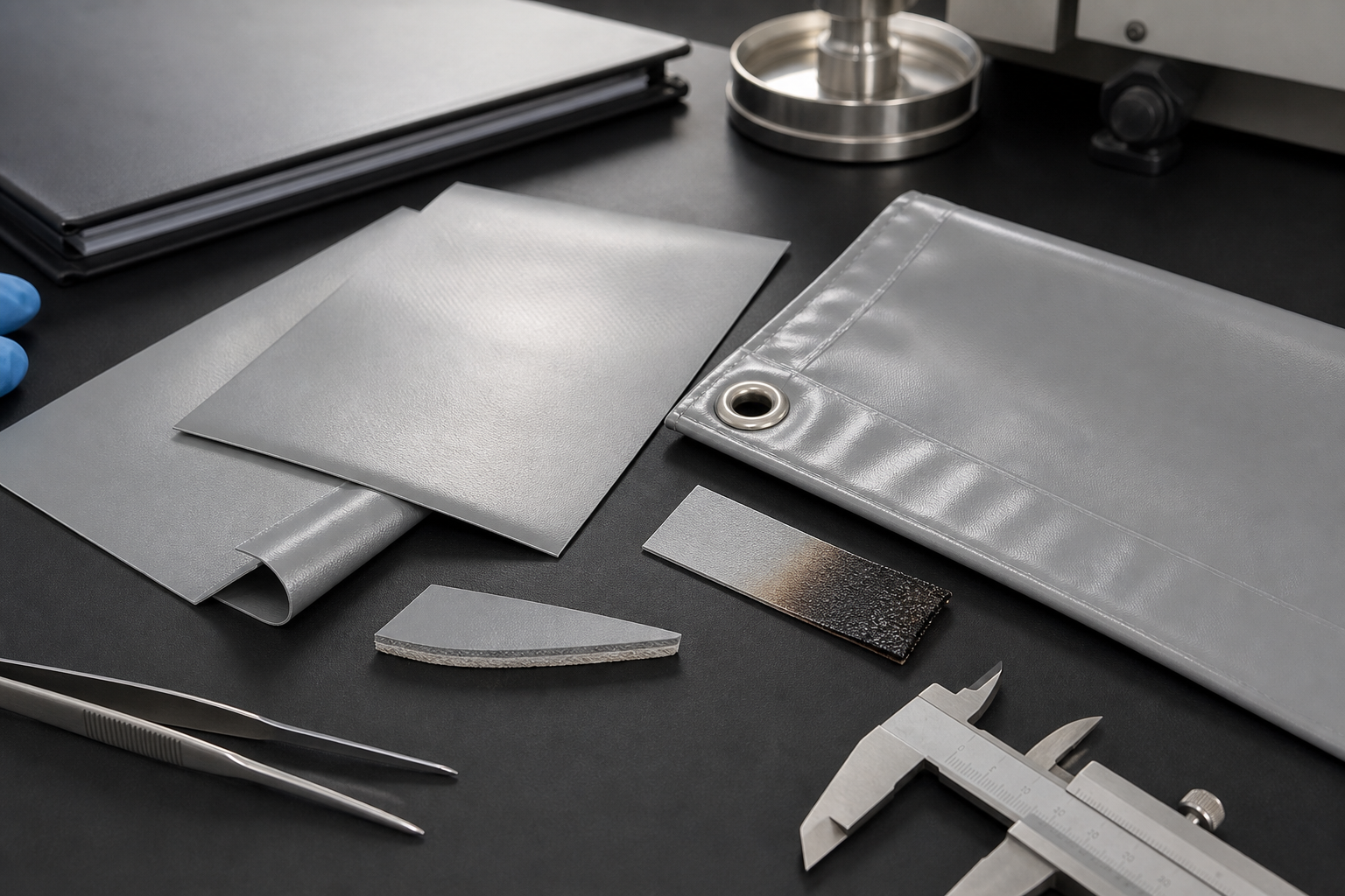 PVC coated tarpaulin material structures with welded hem, eyelet, layer sample, and char-tested coupon for fire retardant review.