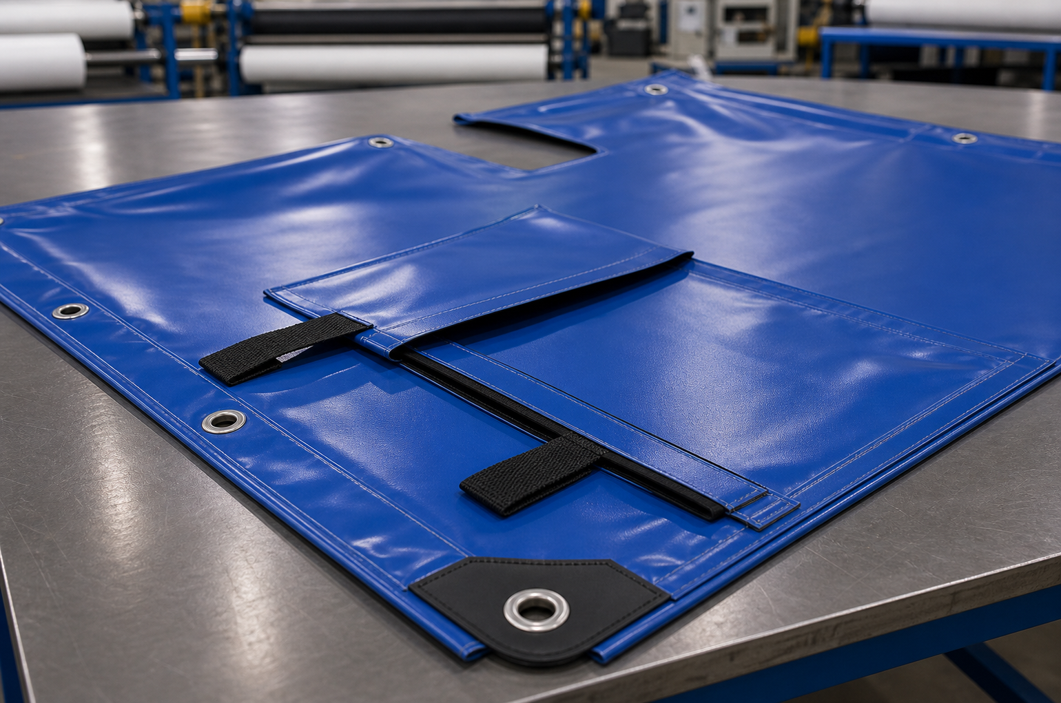 reinforced tarp edge drawing with corner patch, cutout, strap point, and marked fabrication details