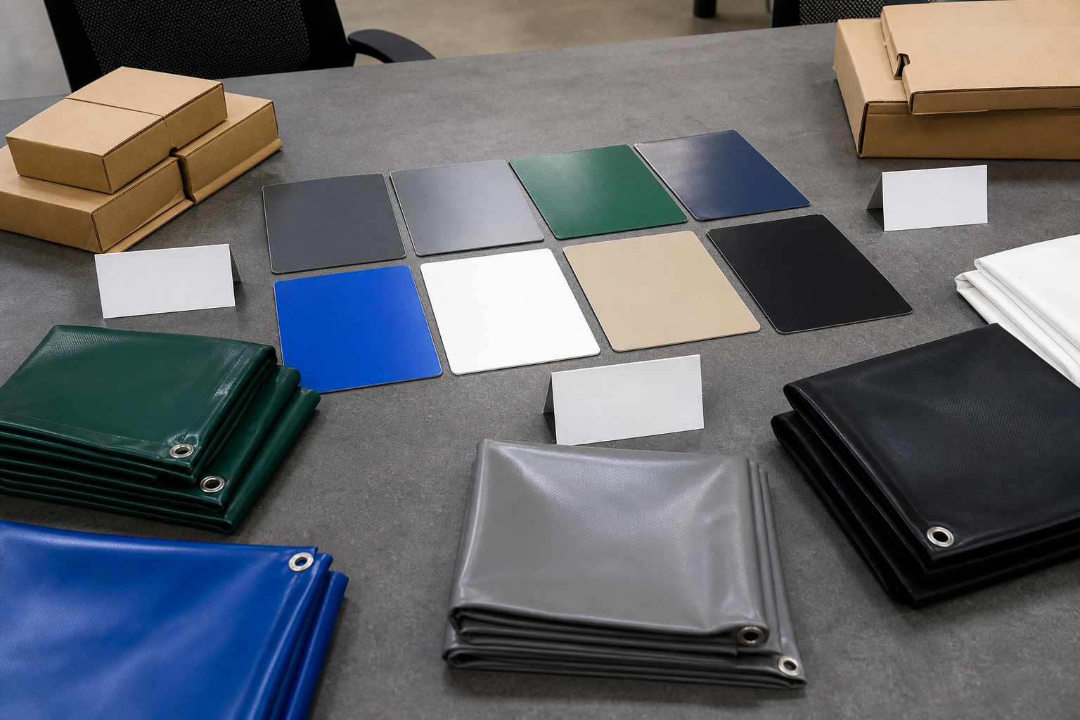 OEM custom tarp repeat order review with color swatches, printed logo placement sheet, label samples, and export packing references.