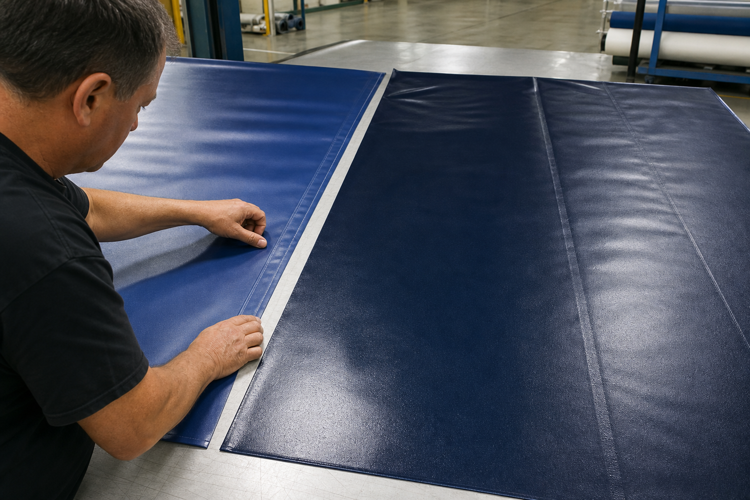 Production-line quality control review of welded tarpaulin seams, approved sample, and inspection notes before shipment.